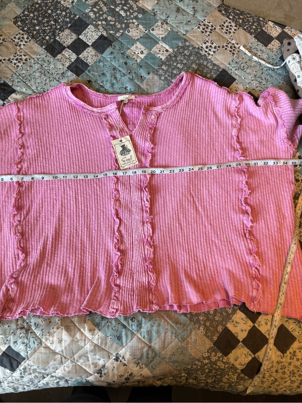 easel Pink Ribbed Ruffle-Trim Top
